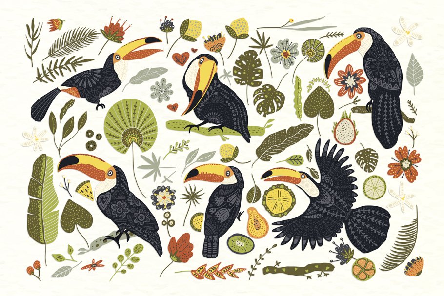 黑白色手绘巨嘴鸟民间艺术矢量EPS图案集 Toucan. Folk Art Graphic Set.插图2