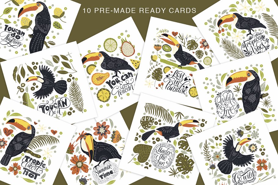 黑白色手绘巨嘴鸟民间艺术矢量EPS图案集 Toucan. Folk Art Graphic Set.插图3