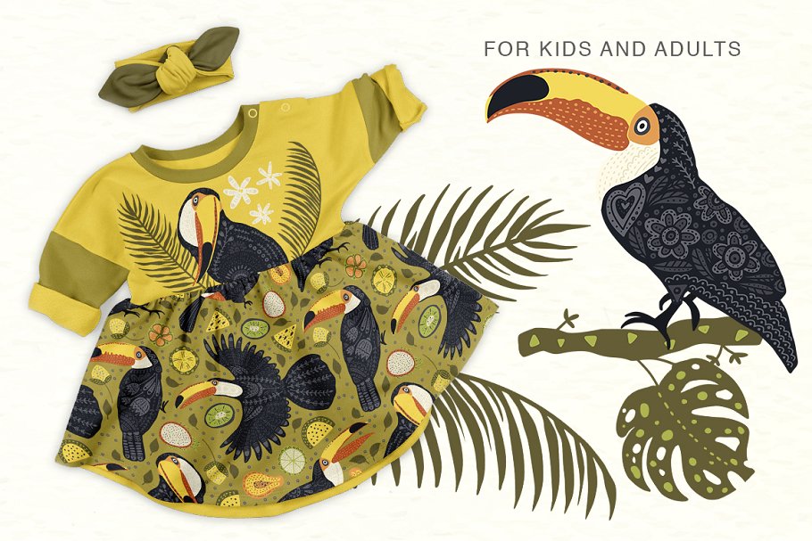 黑白色手绘巨嘴鸟民间艺术矢量EPS图案集 Toucan. Folk Art Graphic Set.插图5