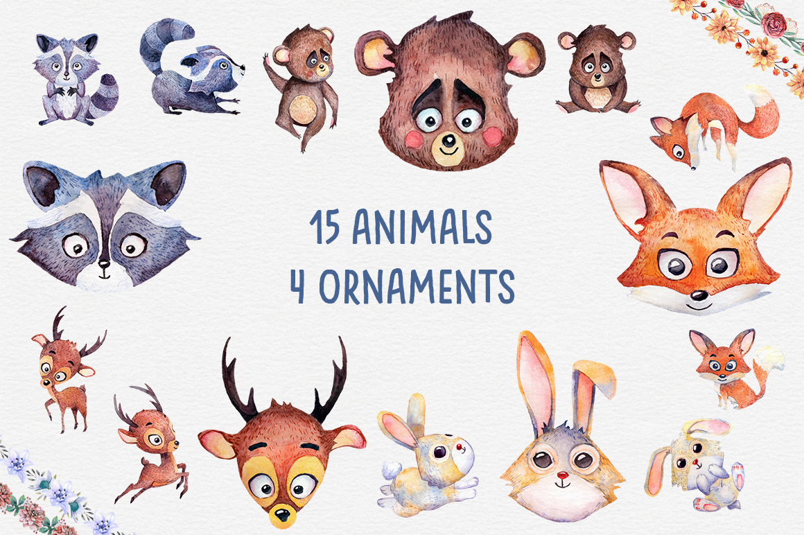手绘动物花卉水彩画PNG合集 Watercolor Animals Set插图1