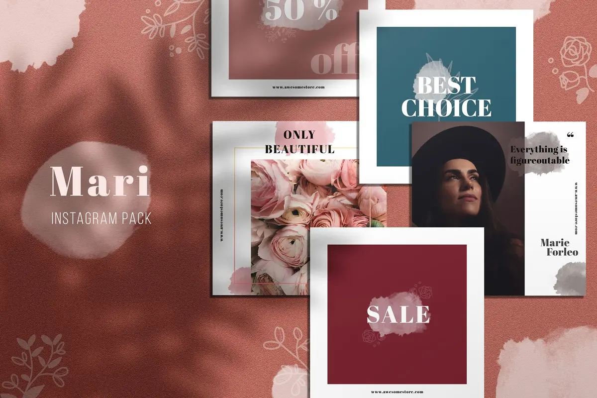 时尚轻柔女性摄影照片朋友圈展示INS风模板 Mari Instagram Posts Pack插图