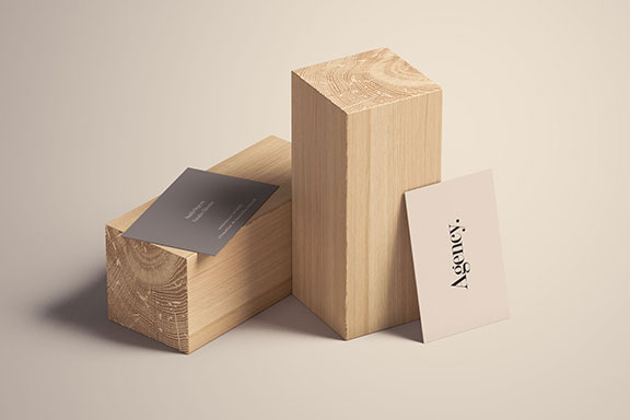 带有木块装饰标志设计名片展示样机 Business Card Mockup on Wood Blocks