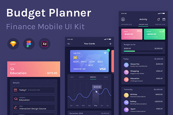 银行财务理财管理手机iOS APP UI工具包 BudgetPlanner Mobile UI Kit