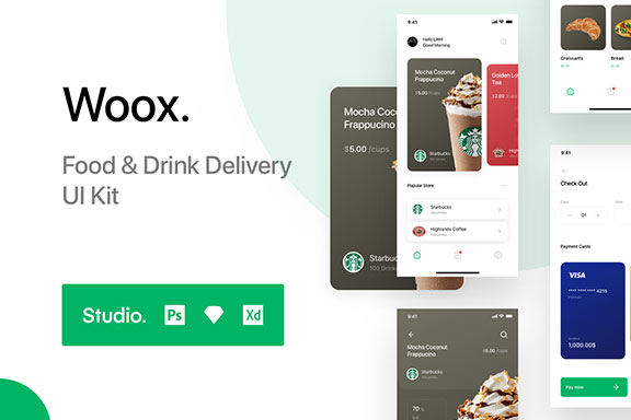 食品饮料在线支付购买iOS APP UI工具包 Woox – Food & Drink Delivexry UI Kit