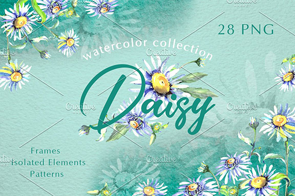 手绘绿色雏菊水彩PNG剪贴画 Daisy Flower Green Watercolor Png