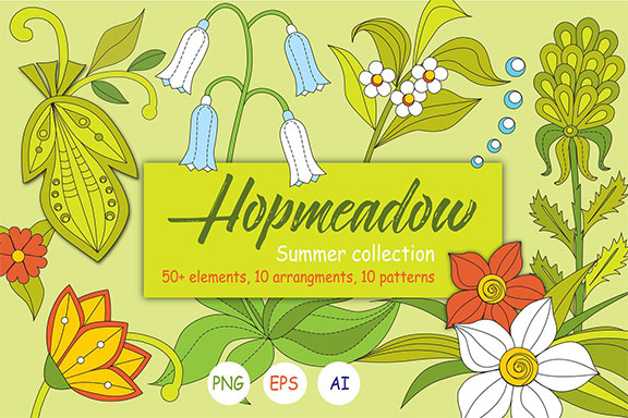 夏季手绘植物树叶涂鸦AI矢量图案 Hopmeadow. Summer Collection.