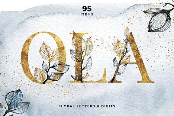 金色水彩花卉大写字母数字组合PNG图案集 OLA Floral Alphabet Letters & Digits