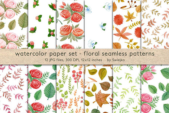 浪漫自然手绘玫瑰叶子水彩JPG画集 Floral Seamless Pattern