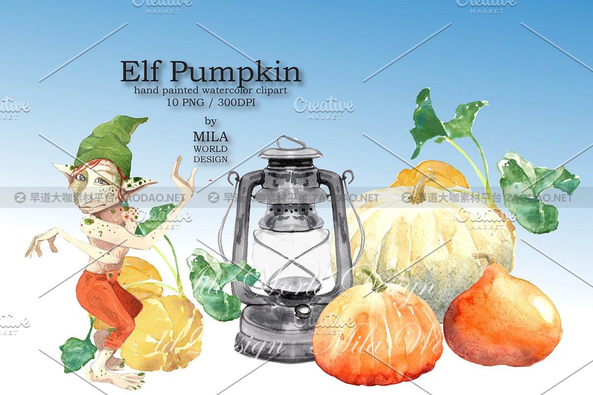 神秘手绘圣诞节精灵难关水彩PNG画集 Elf Pumpkin Watercolor Clip Art插图3