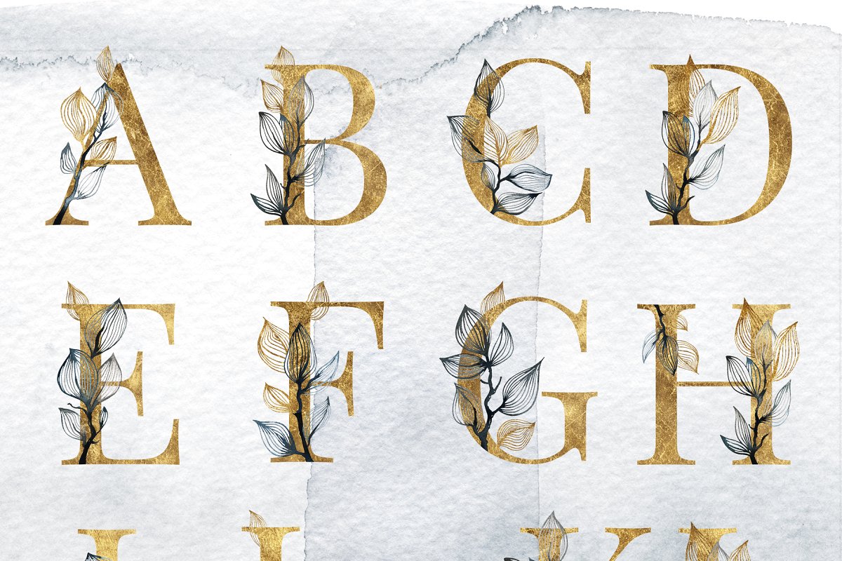 金色水彩花卉大写字母数字组合PNG图案集 OLA Floral Alphabet Letters & Digits插图1