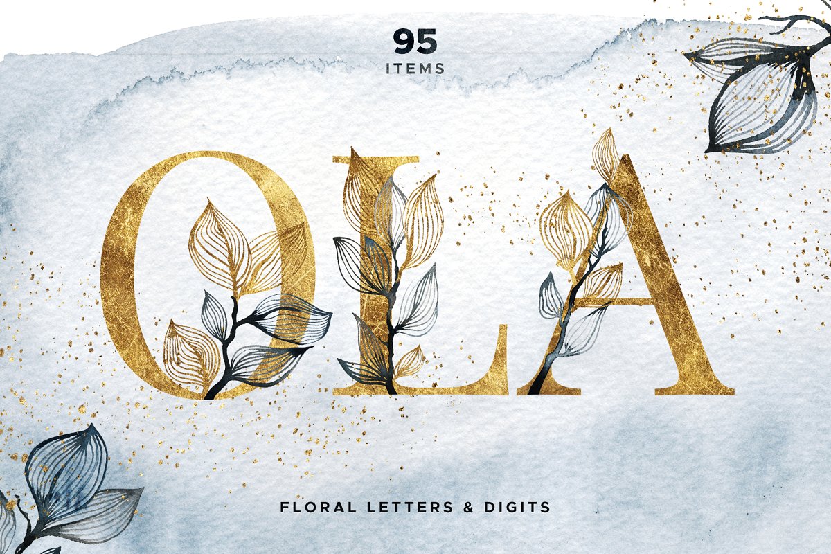 金色水彩花卉大写字母数字组合PNG图案集 OLA Floral Alphabet Letters & Digits插图