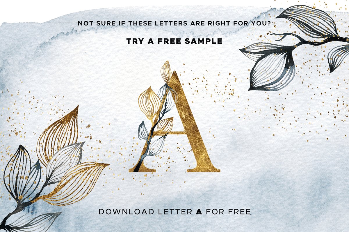 金色水彩花卉大写字母数字组合PNG图案集 OLA Floral Alphabet Letters & Digits插图8