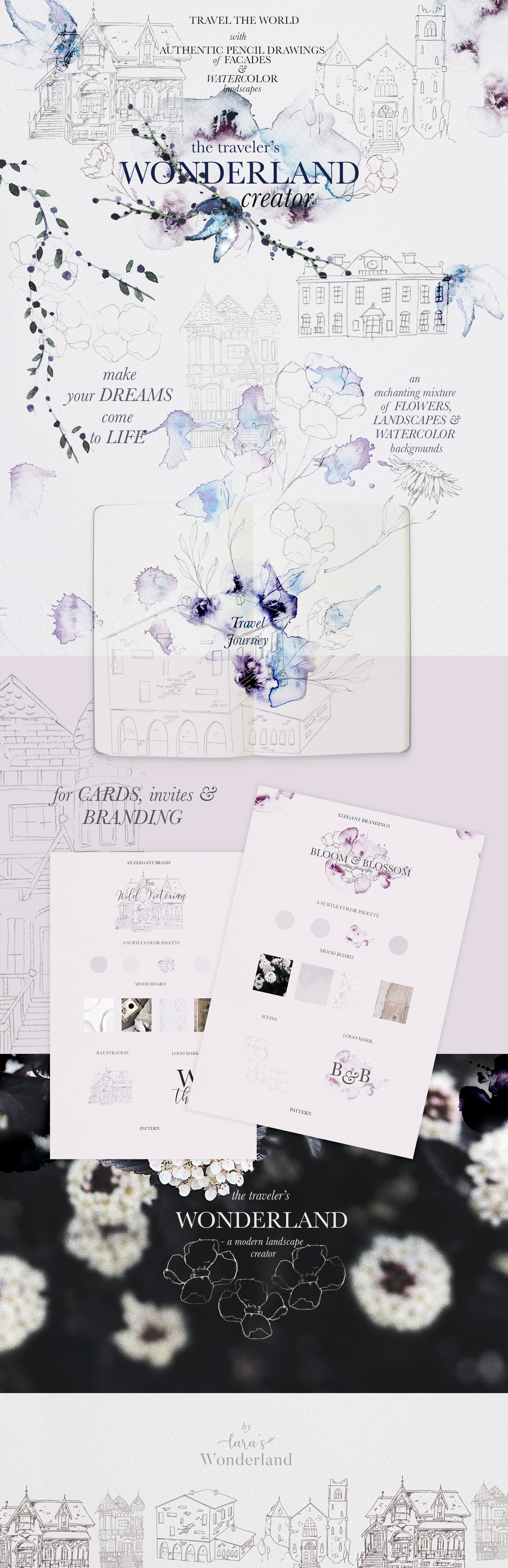 精致婚礼场地和旅行矢量铅笔稿图案&水彩画集 Wedding Venue &Travel Watercolor Set插图