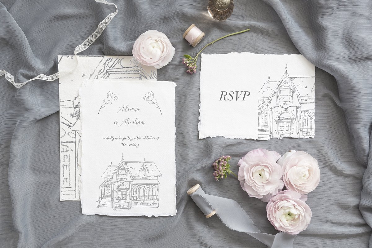 精致婚礼场地和旅行矢量铅笔稿图案&水彩画集 Wedding Venue &Travel Watercolor Set插图5