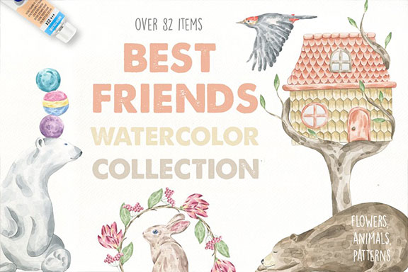 美丽手绘卡通北极熊纺织品印花PNG水彩画集 Best Friends Watercolor Collection