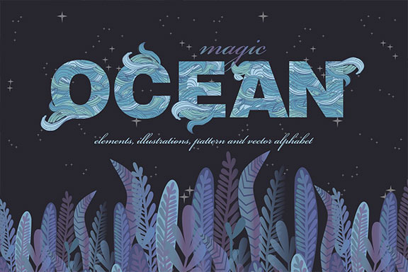 梦幻海洋鲸鱼水草插画字母EPS矢量图集 Magic Ocean kit