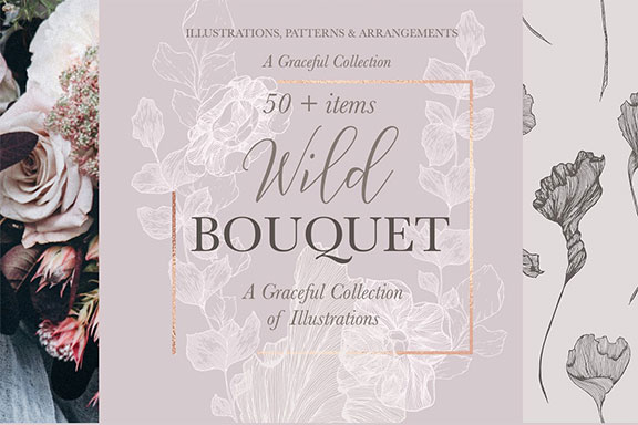浪漫梦幻手绘野生花束婚礼矢量插图 Wild Bouquet Wedding Illustrations