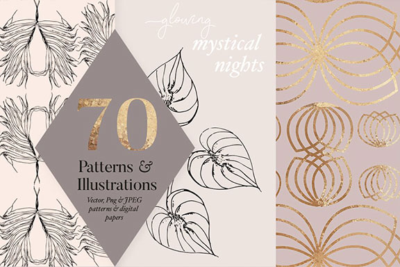 精选免费迷人的手绘热带植物水果花卉矢量金色图案合集 Autumn Gold Patterns & Illustrations