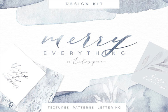 时尚优雅手绘水墨风银箔纸背景纹理&花卉水彩插画 Merry Everything Design Kit