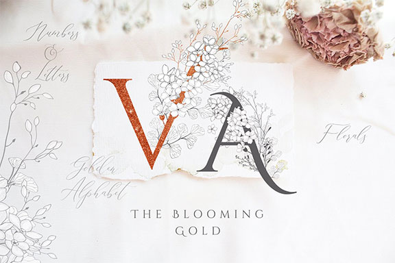 精美盛开金色花卉字母&数字图集 Blooming Gold Floral Letters Numbers