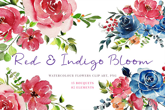 手绘红花绿叶PNG水彩插画 Watercolour clipart, Red Indigo flowers, greenery