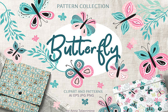 美丽俏皮的手绘蝴蝶花卉水彩插画集 Butterflies Patterns Collection