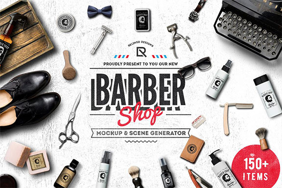 顶视图理发店品牌设计提案展示样机 Barber Shop – Mockup Generator