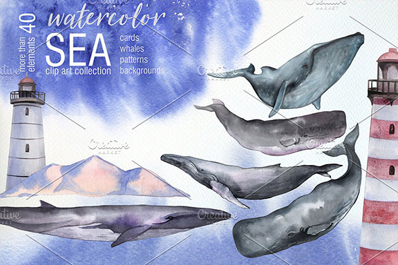 超美手绘海洋灯塔鲸鱼水彩JIG画集 Watercolor Sea. Whales clip art