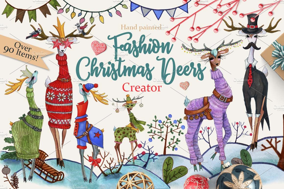 时尚可爱的手绘多款圣诞鹿水彩插画合集 Fashion Christmas Deers Creator插图