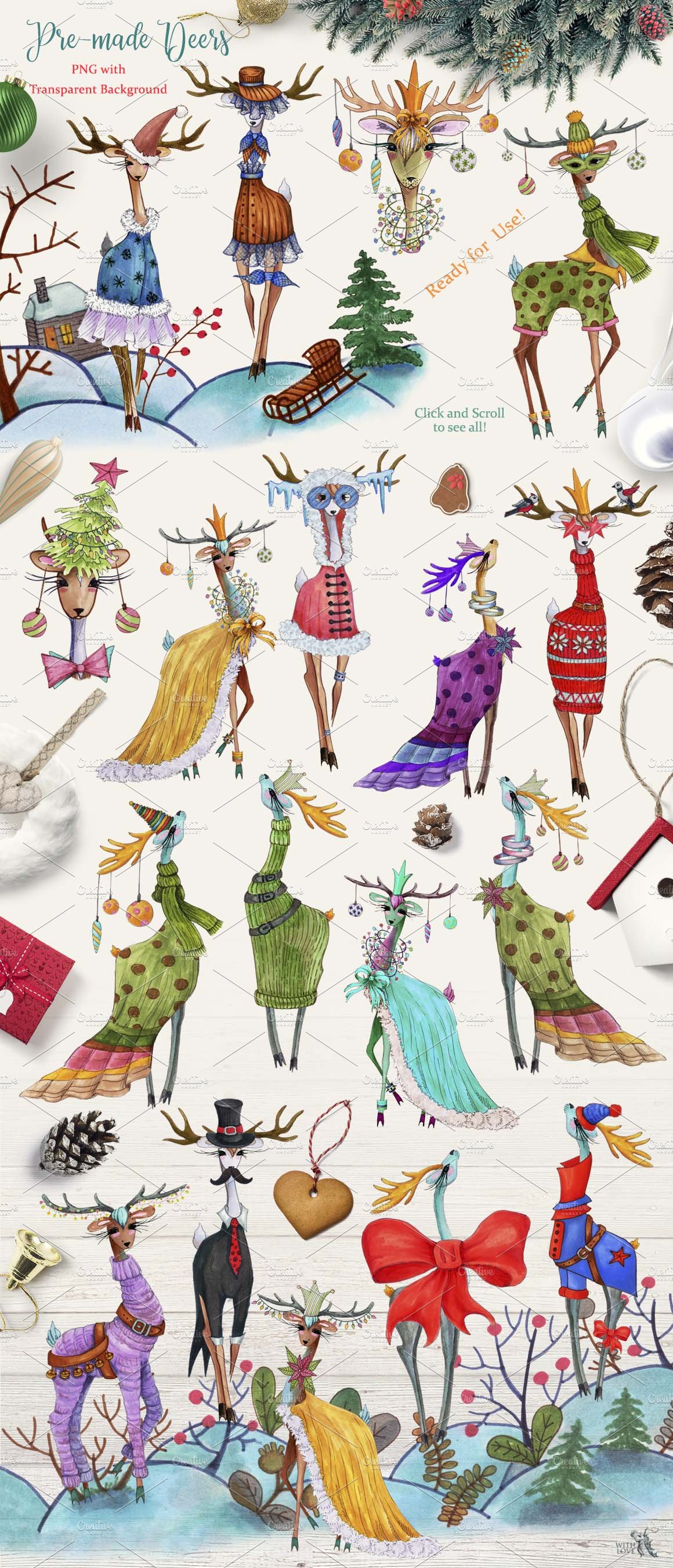 时尚可爱的手绘多款圣诞鹿水彩插画合集 Fashion Christmas Deers Creator插图2