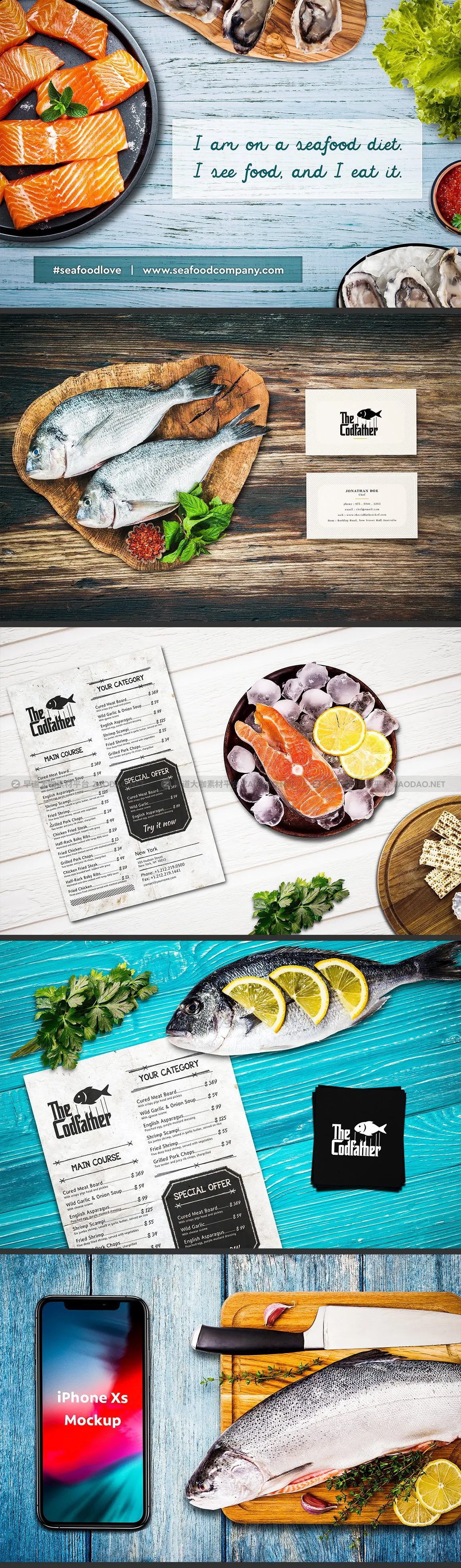[8.99G] 精选免费多功能海鲜烤鱼寿司品牌设计提案展示样机 Seafood Scene and Mockup Creator插图3