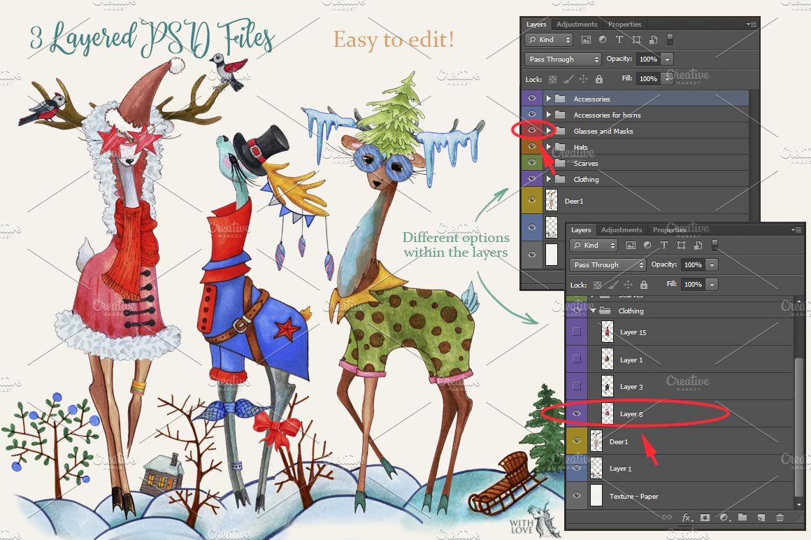 时尚可爱的手绘多款圣诞鹿水彩插画合集 Fashion Christmas Deers Creator插图3