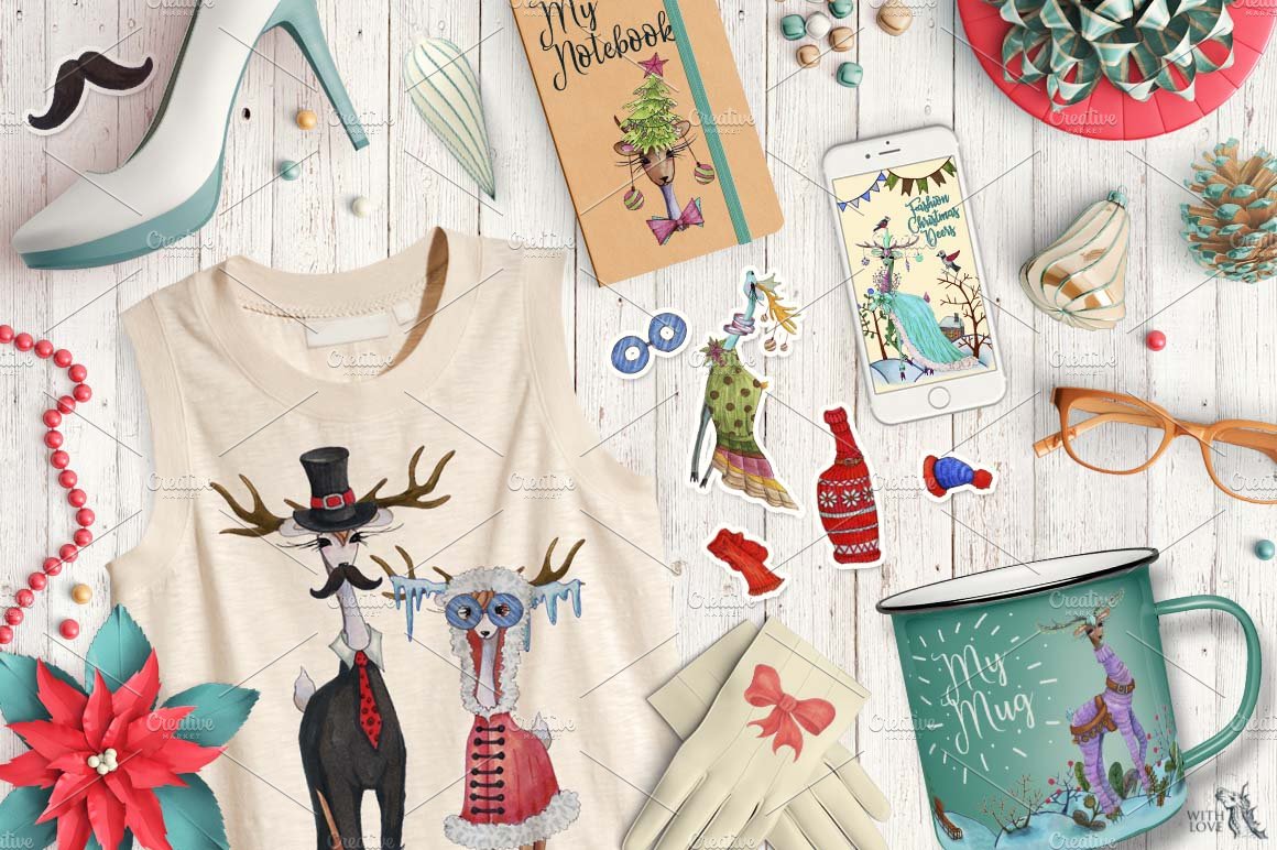 时尚可爱的手绘多款圣诞鹿水彩插画合集 Fashion Christmas Deers Creator插图4