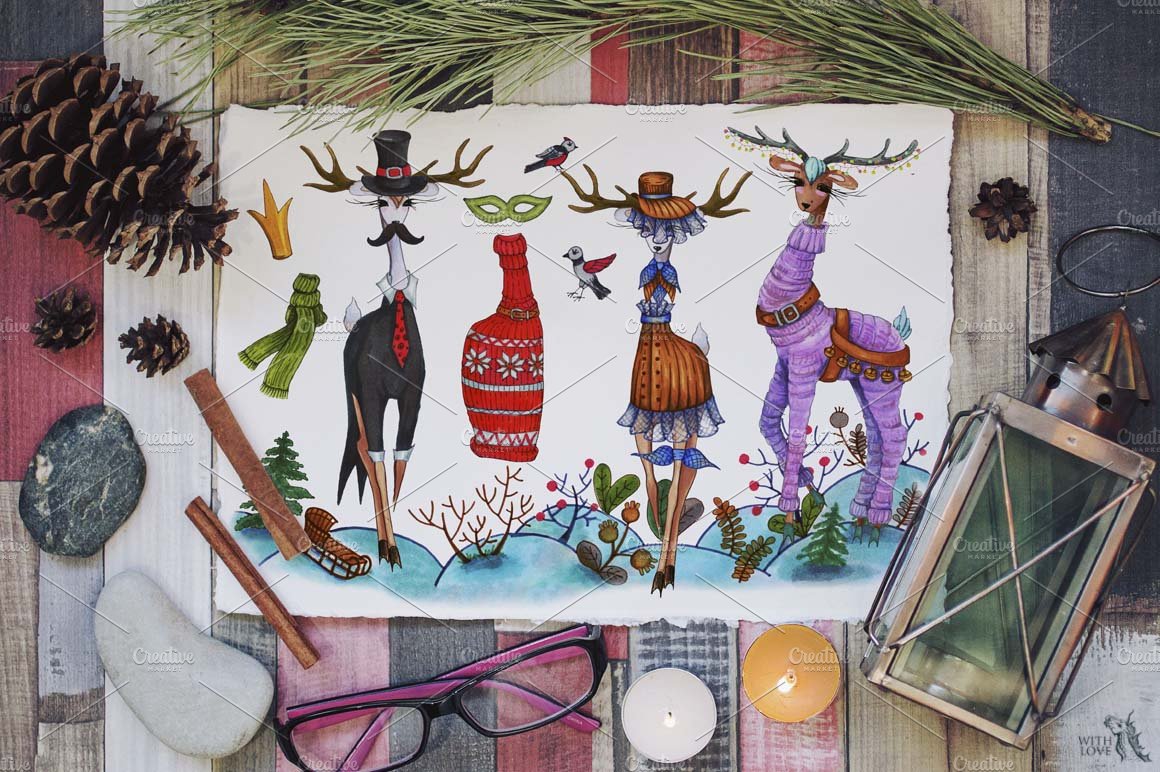 时尚可爱的手绘多款圣诞鹿水彩插画合集 Fashion Christmas Deers Creator插图5