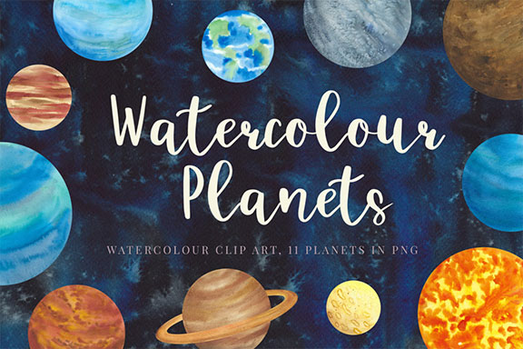 高品质的手绘行星银河剪贴画图集 Watercolour planets, galaxy background