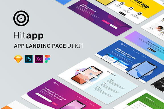网站界面&移动APP着陆页UI工具包 HitApp – Desktop and Mobile APP Landing Page UI Kit