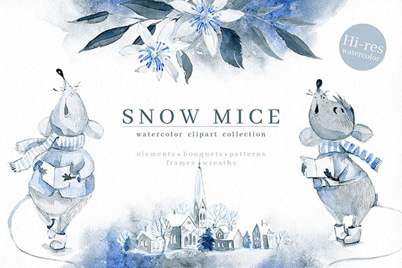 优雅的手绘蓝色冬季雪鼠花卉植物水彩插画 Snow Mice. Clipart set.
