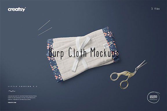 精致的厨房粗麻布抹布手帕样机PSD模板 Burp Cloth Mockup Set