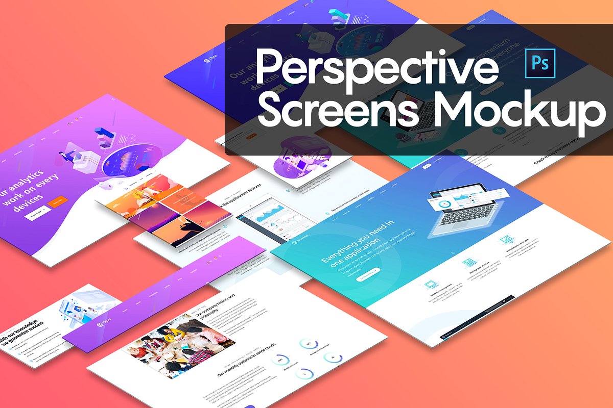 透视多角度网站页面设计展示样机 Perspective Screens Mockup插图