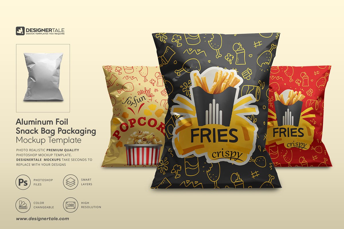 铝箔薯片零食&膨化食品包装袋设计样机展示模型 Foil Snack Bag Packaging Mockup插图