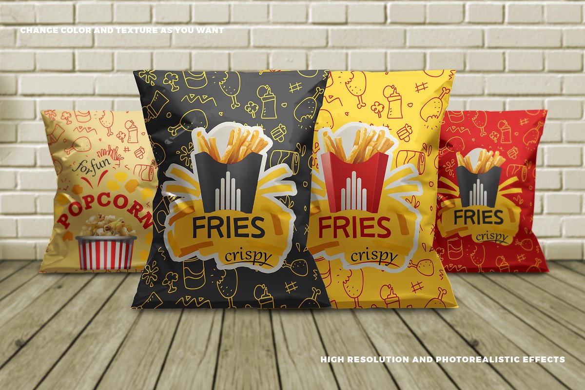 铝箔薯片零食&膨化食品包装袋设计样机展示模型 Foil Snack Bag Packaging Mockup插图1