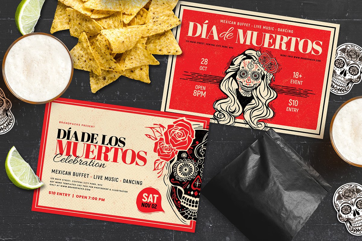 墨西哥亡灵节餐厅/酒吧促销宣传海报模板 Dia de los Muertos Flyer / Poster插图1