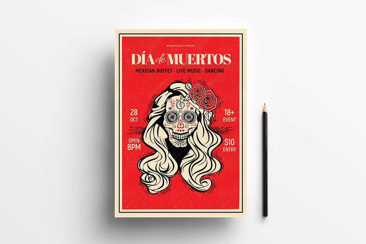 墨西哥亡灵节餐厅/酒吧促销宣传海报模板 Dia de los Muertos Flyer / Poster插图6