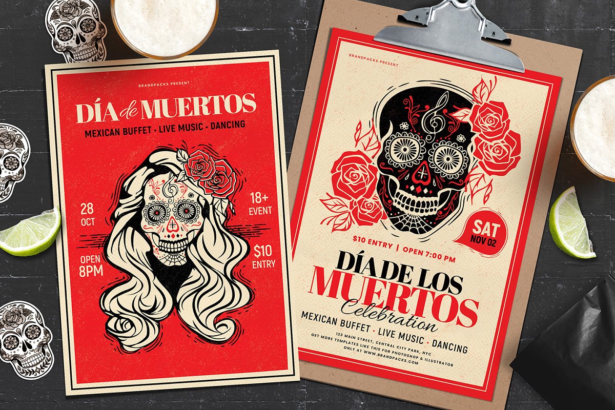 墨西哥亡灵节餐厅/酒吧促销宣传海报模板 Dia de los Muertos Flyer / Poster插图