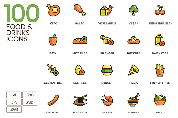 100款食物和饮料矢量图标 100 Food & Drinks Icons