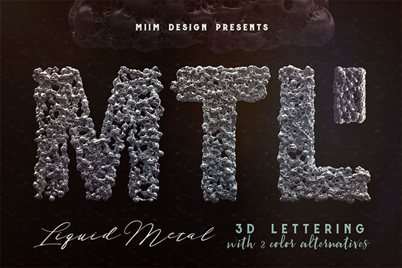 未来派液态金属效果3D文字PNG设计素材套装 Liquid Metal – 3D Lettering