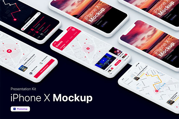 iPhone X智能手机UI设计多屏幕展示样机 Presentation Kit – iPhone showcase Mockup PSD