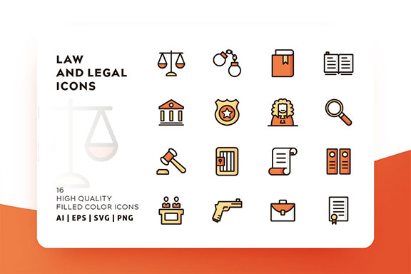 法律法务主题填充颜色矢量图标素材 Law And Legal Filled Color Vector