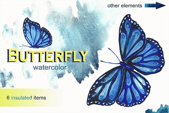 蓝色手绘水彩蝴蝶背景纹理 Blue Watercolor Butterflies
