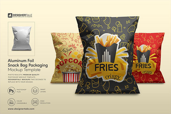 铝箔薯片零食&膨化食品包装袋设计样机展示模型 Foil Snack Bag Packaging Mockup